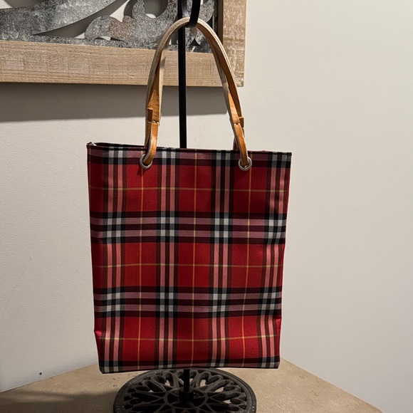 Burberry Red Plaid Tote with Tan Handles - Picture 1 of 10